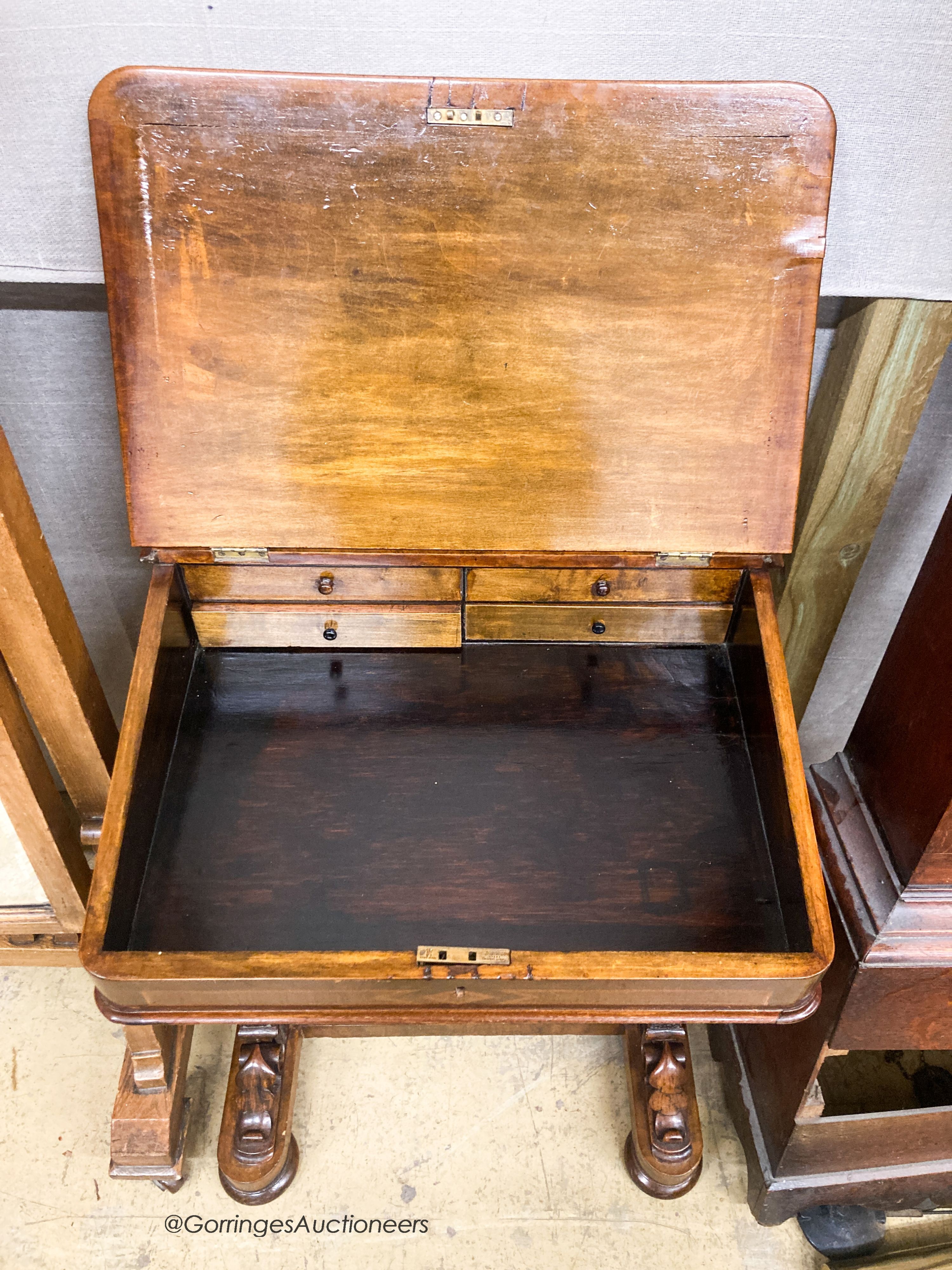 A Victorian banded walnut Davenport, W.54cm. D.54cm H.73cm